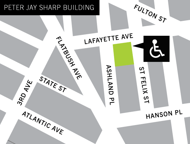 Map of Peter J Sharp building accessible entrance located at corner of Lafayette Avenue and Saint Felix Street
